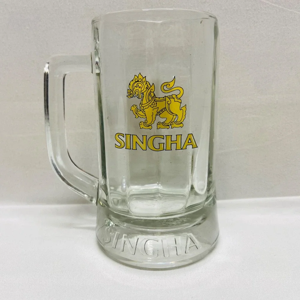 Singha Beer Mug Original Thailand Glass Collectible 12oz Drink ware GUC